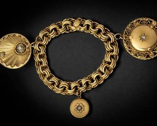 A 14k Gold, Diamond, & Pearl Victorian Charm Bracelet