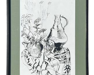 Signed Still Life with Flowers Ink Drawing