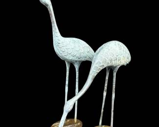 Vintage Bronze Crane Garden Statues, Set of 2