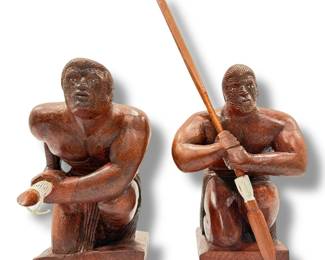 Two Carved Wood Maori Warrior Sculptures