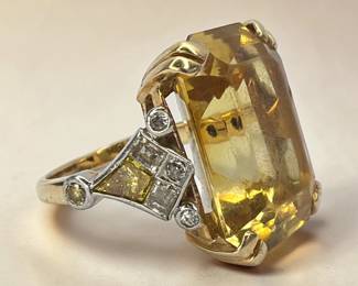 Art Deco 14k Gold, Platinum, Canary & White Diamond Ring