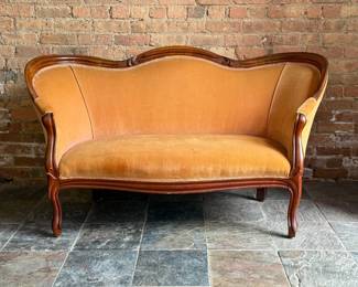 Victorian Walnut Framed Settee in Orange Velvet