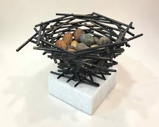 Modernist Iron and Marble Birds Nest Sculpture