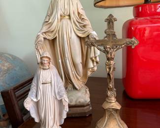 Large chalk Mary, brass alter cross 