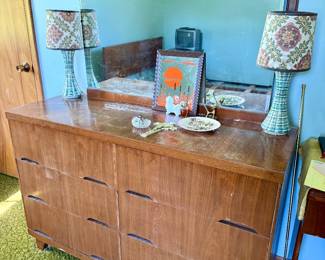 Mcm lamps, dresser and bed set