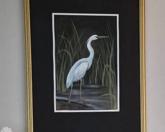 Stunning painting of heron on deep purple mat