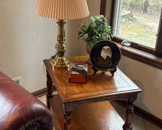 End table, brass lamp, home decor