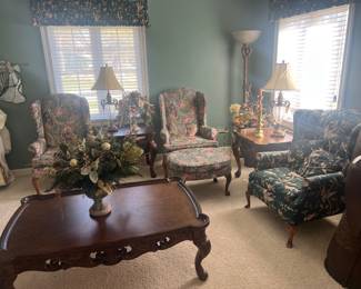 Two sets of gorgeous wing back chairs, living room furniture, lamps and artwork 