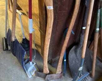 Axe, rake, snow shovel, vintage tools