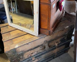 Wood trunk, chest, vintage mirror