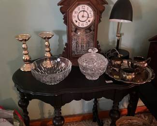 Side table, vintage clock, candle stick holders, candy dish