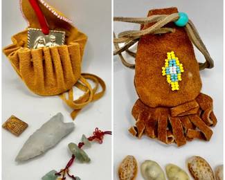 (2) Beaded Suede Pouch Necklaces with Treasures