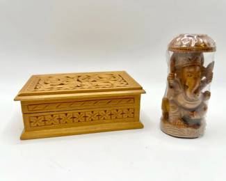 Hand Carved Wood Ganesha Hindu Statue Sculpture & Jewelry Box
