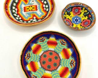 Handmade Huichol Beaded Gourd Bowls — Mexican Wixárika Folk Art