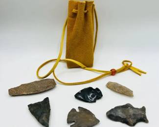 Native American Artifacts — Leather Pouch of Arrowheads & Spearheads