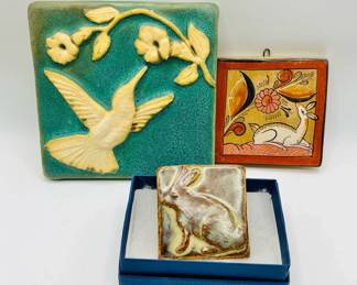 (3) Ceramic Art Tiles — Handpainted & Relief