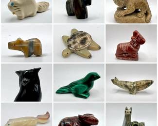 (15) Zuni Hand Carved Stone Fetish Animals — Some Signed