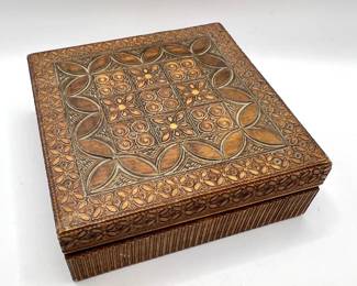 Vintage Carved Wooden Bohemian Style Jewelry Box — Signed “H”