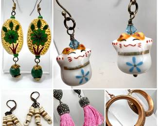 (5) Pairs of Jewelry ft. Copper Mandalas & Porcelain Lucky Cat Earrings