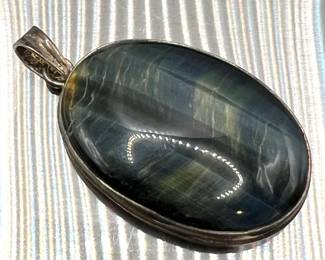 Sterling Silver Blue Tiger’s Eye Pendant Gemstone — Southwest Style Jewelry Stamped 925