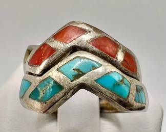 (2) Turquoise & Coral Rings — Sterling Silver Jewelry — Size 7