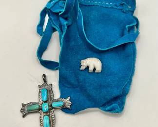 Sterling Silver Turquoise Cross Pendant in Blue Suede Pouch Necklace