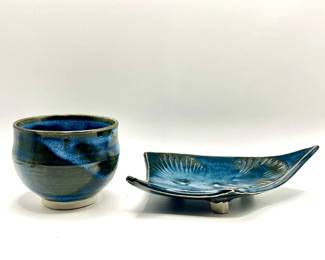 (2) Signed Pottery Pieces by Andre — Beautiful Blue Glaze