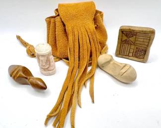 Stone, Clay, & Wood Carved Figures & Sculptures in Leather Bag