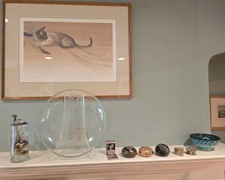 ORIGINAL THOMAS QUINN PRINT, ANTIQUE CRYSTAL STEIN, VERLYS, ART GLASS PAPERWEIGHTS