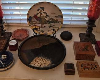 COLLECTION OF VINTAGE BOXES, STUDIO POTTERY & HURRICAN LAMPS