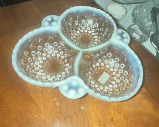 FENTON MOONSTONE HOBNAIL OPALESCENT DIVIDED BOWL