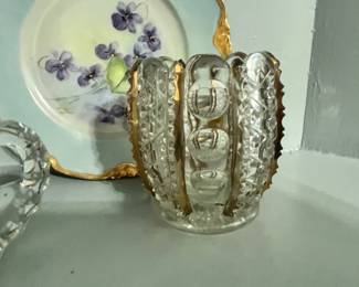 GOLD ACCENTED EARLY PRESS GLASS SPOONER