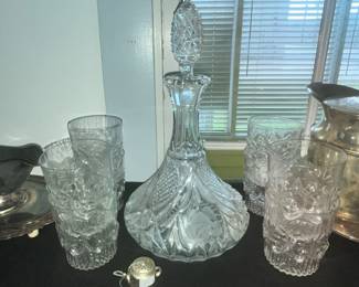 BOHEMIAN CUT CRYSTAL DECANTER & GLASSES