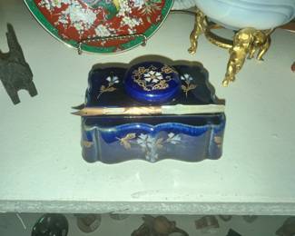 RARE COBALT BLUE PORCELAIN INKWELL SET