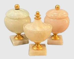 Three Vintage Alabaster Urns with Lids on Marble Bases