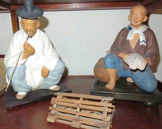 Vintage Hakata Urasaki Dolls Pipe Smoker & Fisherman w/Basket & Squid