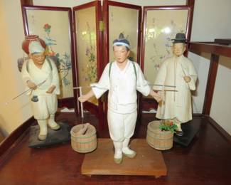 Hakata Urasaki Water Carrier, Japanese Priest, 4 Panel Folding Table Screen