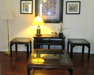 Vintage Walnut and Brass Square Glass Top Coffee/End Tables