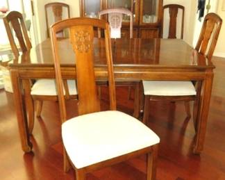 Vintage Stanley Furniture Chinoiserie Ming Style Carved Dining Table Set w/ Matching China Hutch & Buffet Sideboard