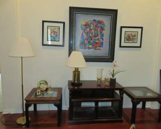 Vintage Walnut and Brass Square Glass Top Coffee/End Tables