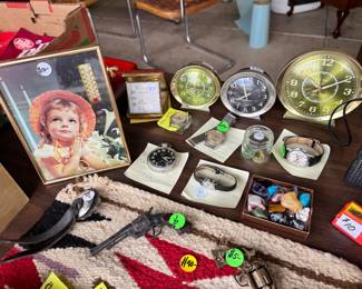 Vintage alarm clocks, miniature toy guns misc collectibles