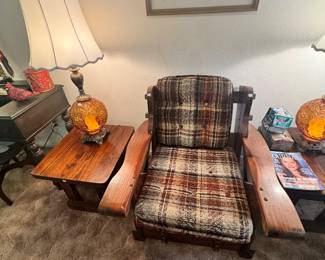 1970’s pine furniture, chair, rocker, end tables and extra couch cushions