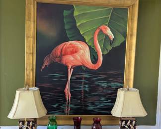 Large flamingo painting and lamps