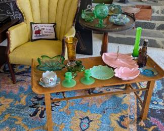 MCM Gold metal table vintage chair glassware 