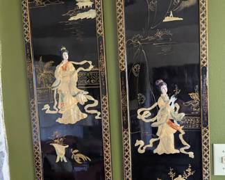 Pair of black lacquer Asian panels 