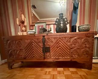 Fantastic chest  - hand carved - motif is Indian - very heavy and well made