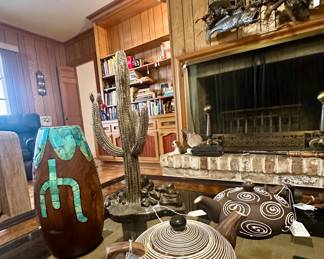 Great coffee table - thick and heavy - with many objets d'art including stunning pottery