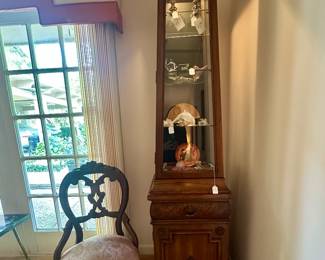 Mid 19th C side chair generally described as "balloon-back" - Mahogany.  Also a lighted curio cabinet circa 1970.