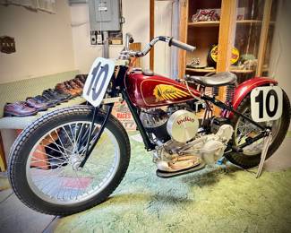 1936 Indian Sport Scout race bike, fully restored, raced in the 1950s by Jerry Callen and Art Hafer