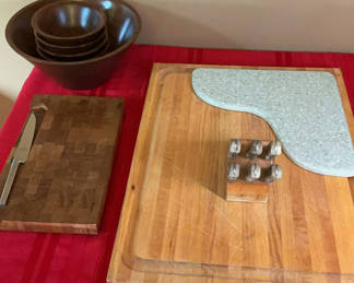 Lot 14: Wood Cutting Boards, Cutlery, Salad Set